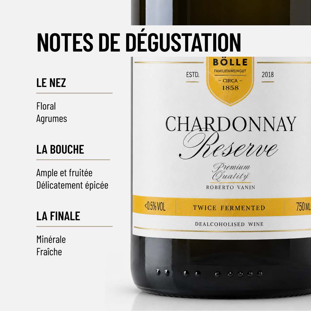 BOLLE CHARDONNAY RESERVE: un vin blanc sans-alcool pulpeux et ample.