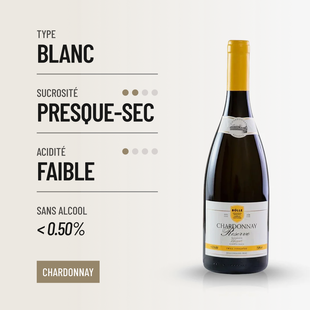 BOLLE CHARDONNAY RESERVE: un vin blanc sans-alcool pulpeux et ample.