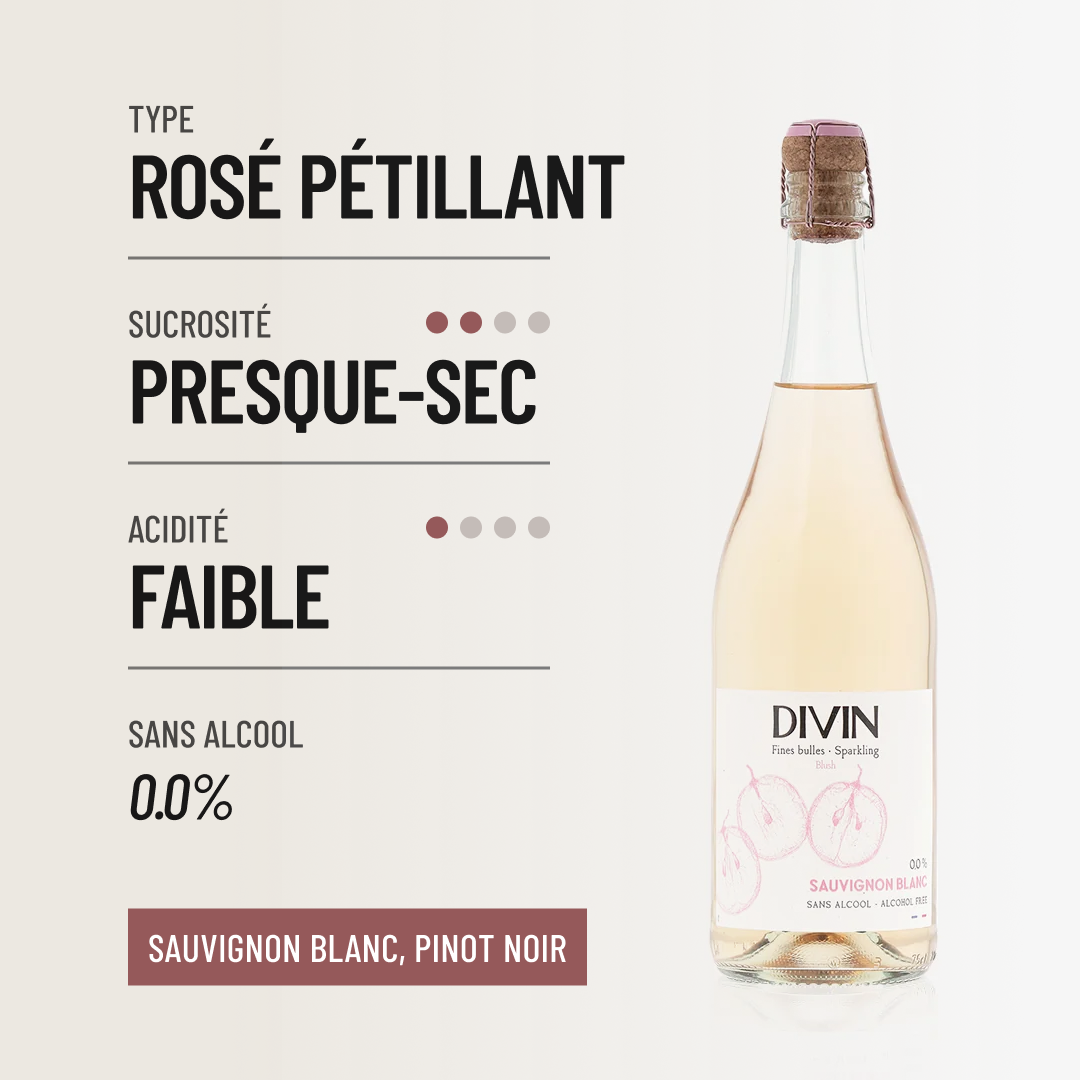 DIVIN PÉTILLANT ROSÉ: des bulles sans alcool au joli blush rosé.